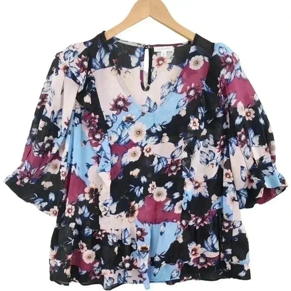 Ophelia Roe Tops - Ophelia Roe Ruffle Floral Chiffon Blouse
